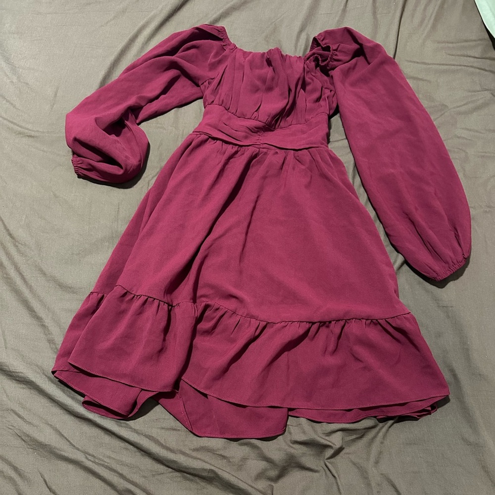 Shein Burgundy Knot Back Lantern Sleeve Ruffle Tie Back Hem Dress | Size: XS